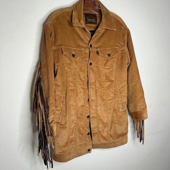 NWT Levis Karla Camel Tan Fringed Corduroy Long Trucker Button-Front Jacket XS - Picture 1 of 16